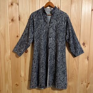 Vintage-Inspired Quilted Long Jacket - Blue & Gray Leaf Print - M/L